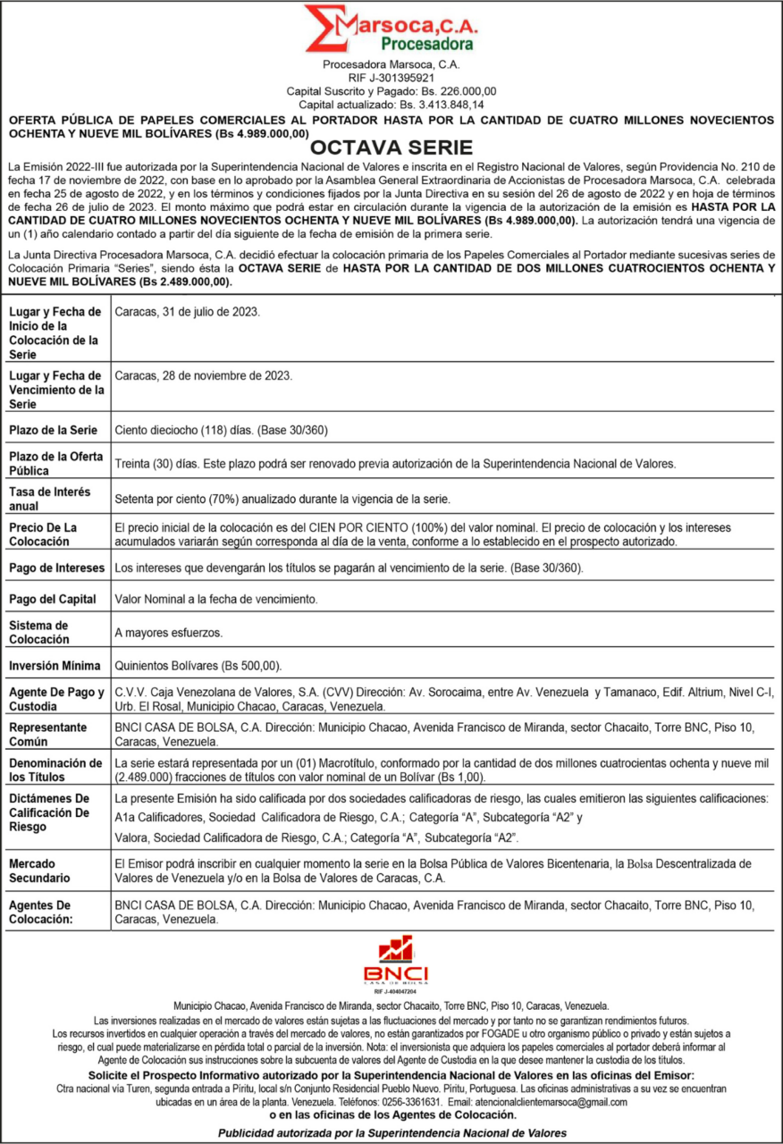Oferta Pública de Papeles Comerciales Procesadora Marsoca, C.A. Octava Serie