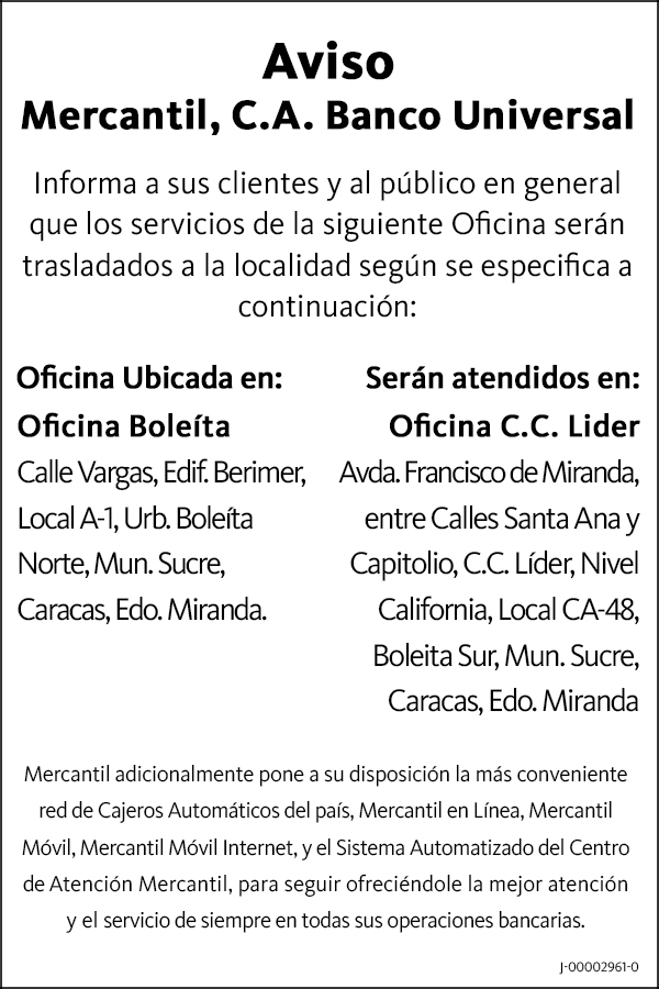 Comunicado Traslado de Oficinas Mercantil, C.A. Banco Universal..