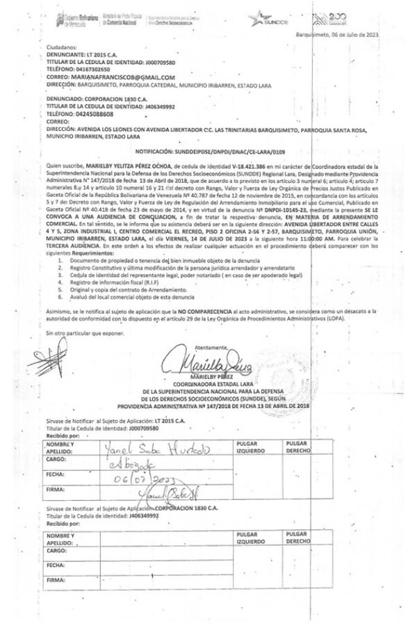 Notificación Marielby Yelitza Pérez Ochoa