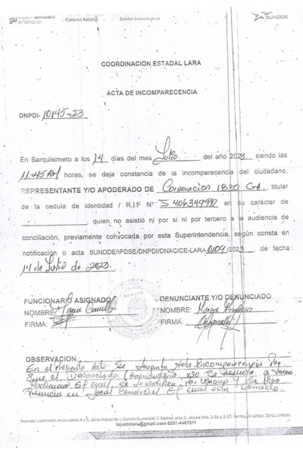 Acta de Incomparecencia Corporación 1830, C.A.