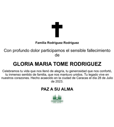 Obituario Gloria María Tome Rodríguez