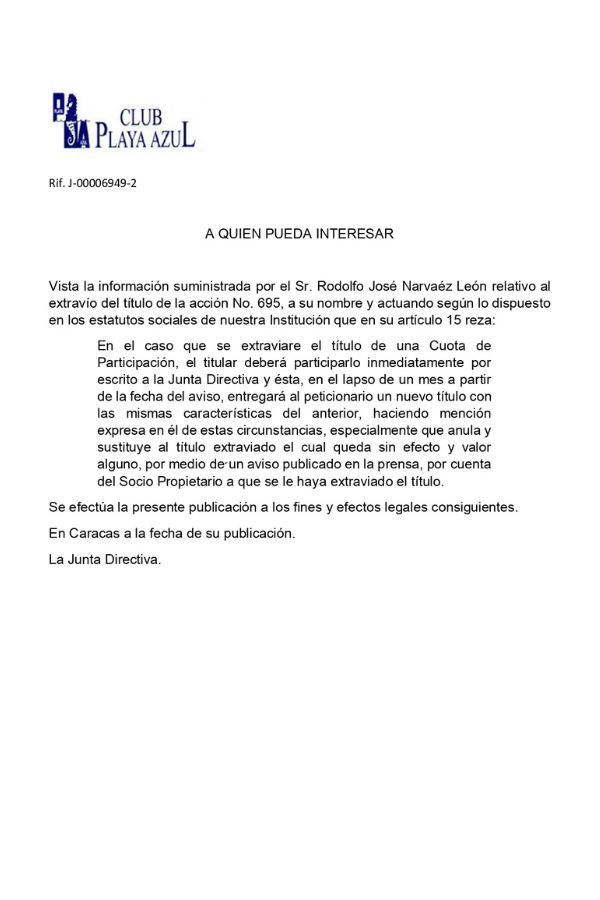 Comunicado Extravío del Título de la Acción N° 695 Club Playa Azul