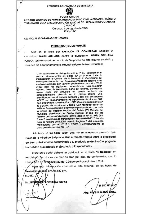 Primer Cartel de Remate de Partición de Comunidad Wajih Alkhatib