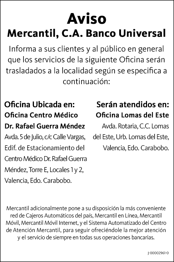 Comunicado Traslado de Oficinas Mercantil, C.A. Banco Universal (2)