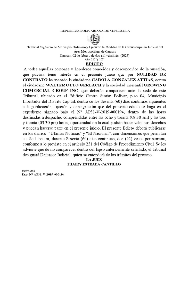 Edicto Nulidad de Contrato Carola Gonzalez Attias