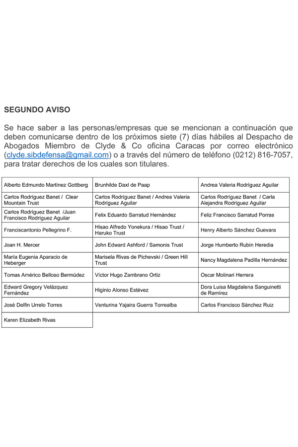 Notificación Segundo Aviso Despacho de Abogados Clyde & Co Oficina Caracas