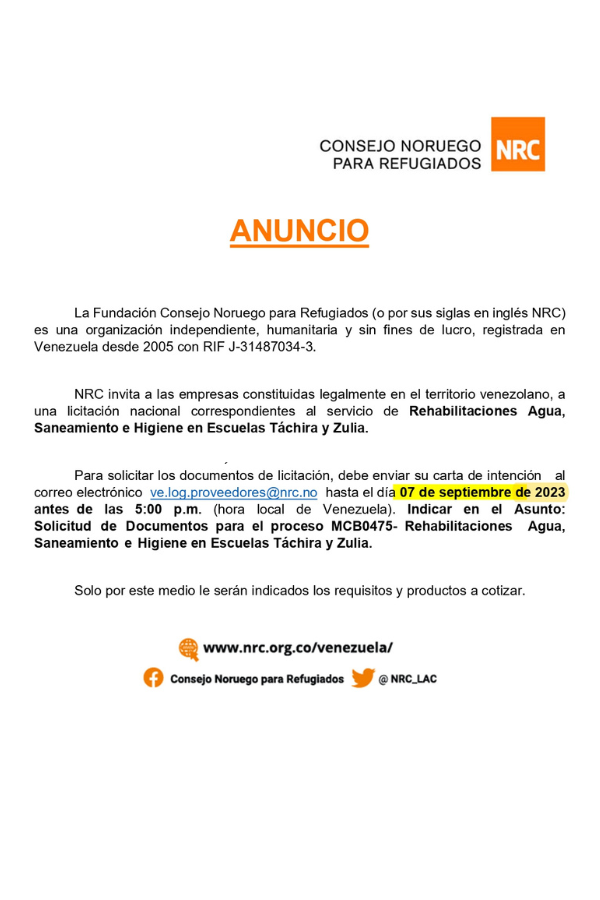 Convocatoria a Licitación Consejo Noruego para Refugiados