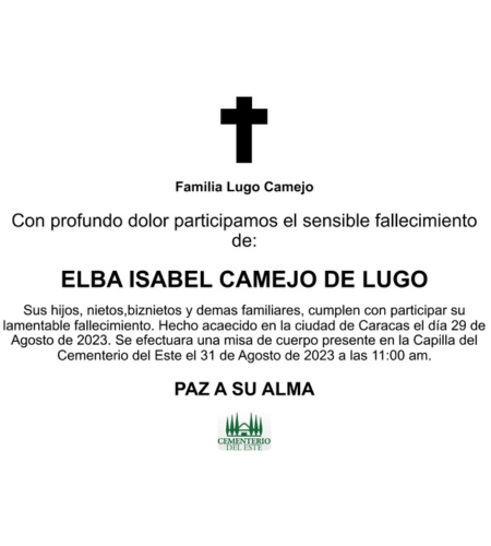 Obituario Elba Isabel Camejo De Lugo