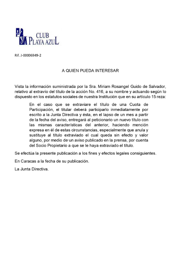 Comunicado Extravío del Título de Acción N°416 Club Playa Azul
