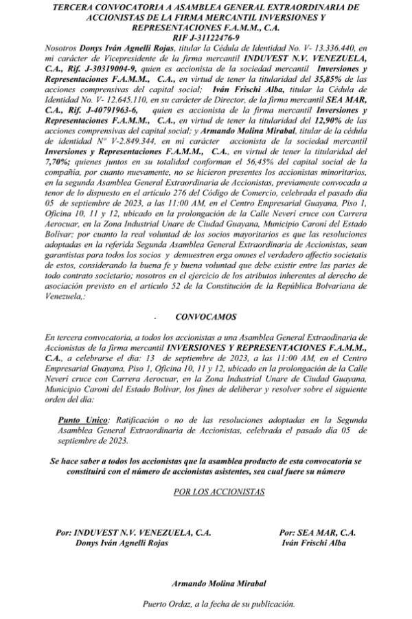 Tercera Convocatoria Asamblea Gral. Extraordinaria de Accionistas Inversiones y Representaciones F.A.M.M., C.A.