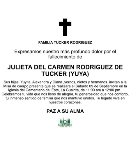 Obituario Julieta Del Carmen Rodríguez De Tucker (Yuya)