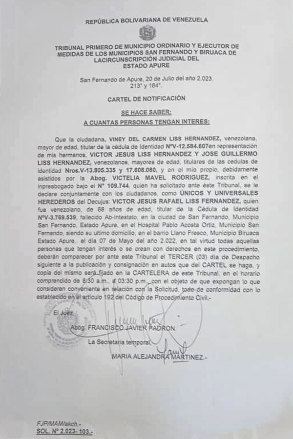 Cartel de Notificación Viney Del Carmen Liss Hernández