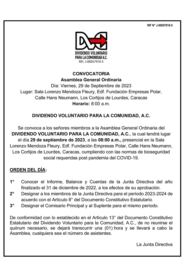 Convocatoria Asamblea Gral. Ordinaria Dividendo Voluntario para la Comunidad, A.C.