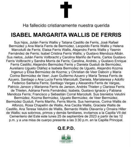 Obituario Isabel Margarita Wallis De Ferris