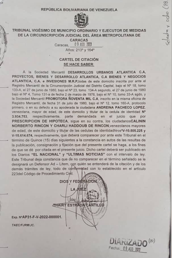 Cartel de Citación Prescripción de Hipoteca Andreína Pacheco López