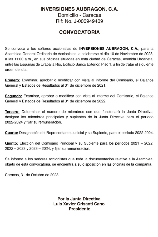 Convocatoria Asamblea Gral. Ordinaria de Accionistas Inversiones Aubragon, C.A.