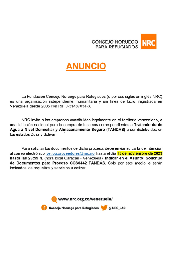 Convocatoria Compra de Insumos Consejo Noruego para Refugiados CORRECTO