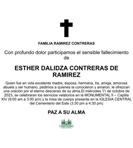Obituario Esther Dalidza Contreras De Ramírez