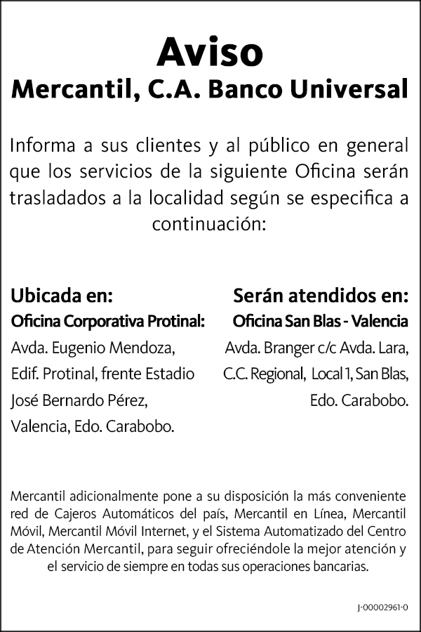 Comunicado Traslado de Oficina Mercantil, C.A. Banco Universal