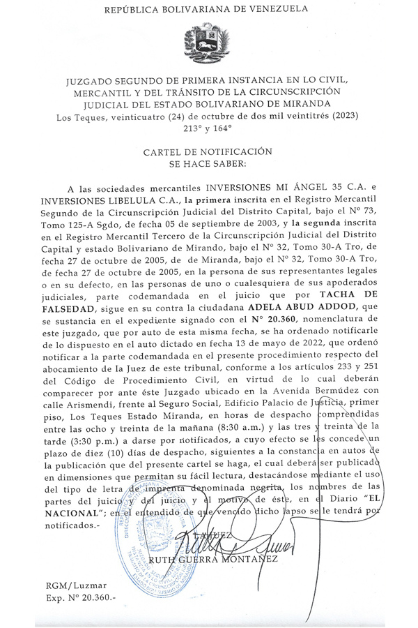 Cartel de Notificación Inv. Mi Ángel 35, C.A. e Inv. Libelula, C.A.