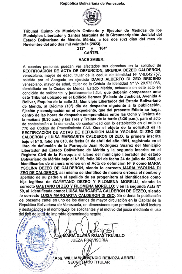 Cartel Rectificación de Acta de Defunción Brenda Dezeo Calderon