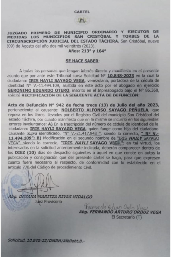 Cartel Iris Hayli Sayago Vega