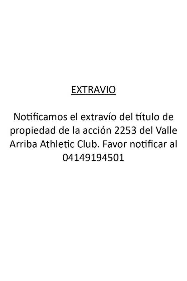 Comunicado Extravío de Acción N° 2253 Valle Arriba Athletic Club