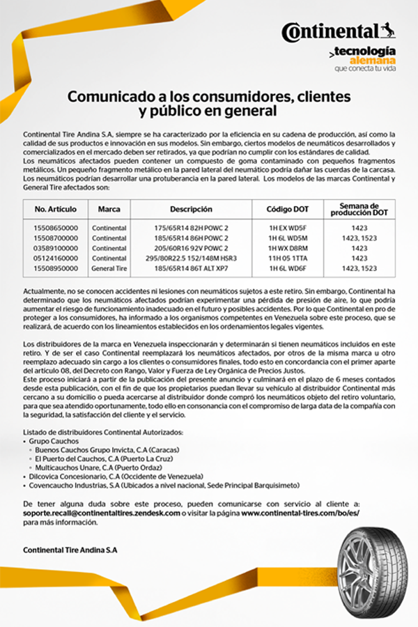 Comunicado a los Consumidores , Clientes y Público en General Continental Tecnología Alemana