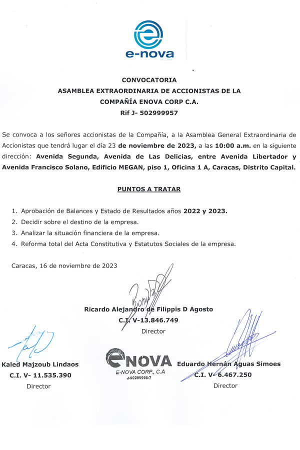 Convocatoria Asamblea Extraordinaria de Accionistas de la Compañía Enova Corp, C.A.
