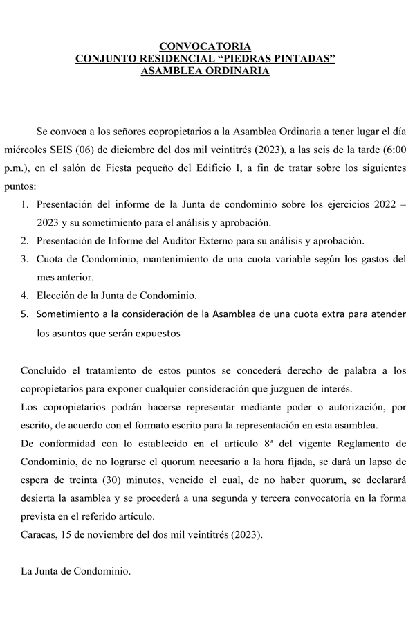 Convocatoria Asamblea Ordinaria Conjunto Residencial Piedras Pintadas