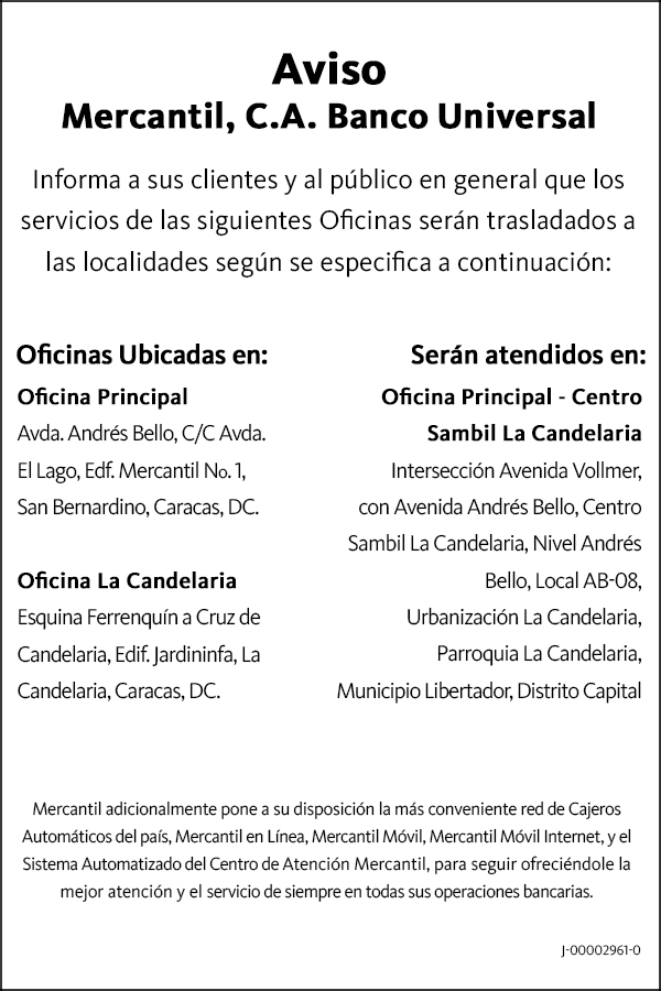 Comunicado Traslado de Oficinas Mercantil, Banco Universal, C.A.