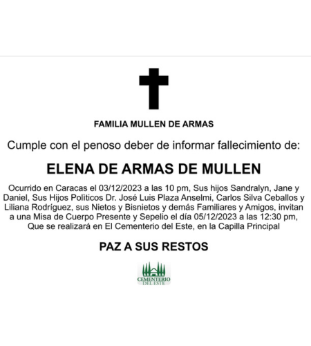 Obituario Elena De Armas De Mullen