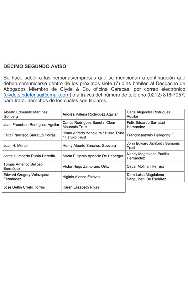 Décimo Segundo Aviso Notificación Despacho de Abogados Clyde & Co Oficina Caracas