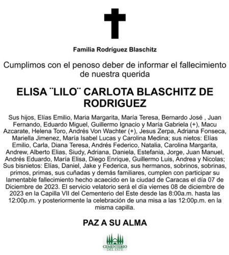 Obituario Elisa Lilo Carlota Blaschitz De Rodríguez