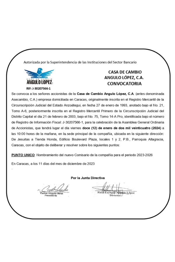 Convocatoria Asamblea Gral. Ordinaria de Accionistas Casa de Cambio Angulo López, C.A. (3)