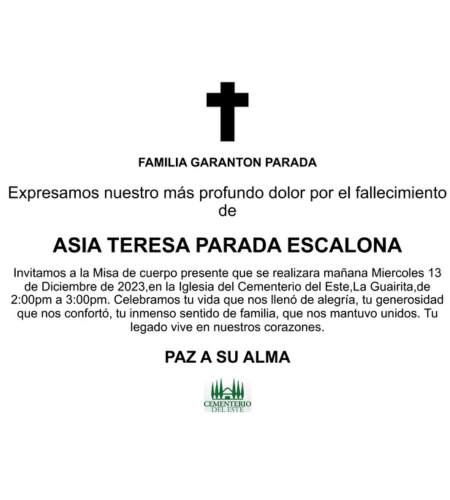 Obituario Asia Teresa Parada Escalona