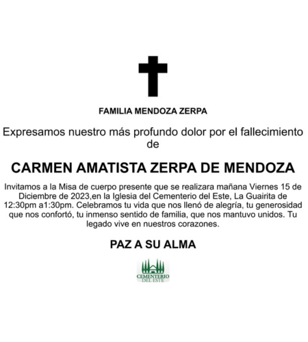 Obituario Carmen Amatista Zerpa De Mendoza