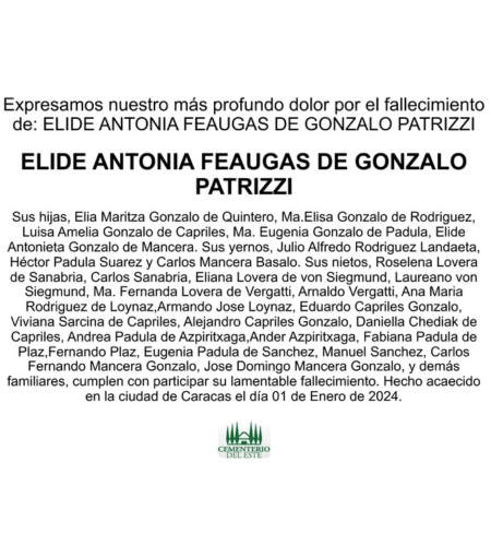 Obituario Elide Antonia Feaugas De Gonzalo Patrizzi