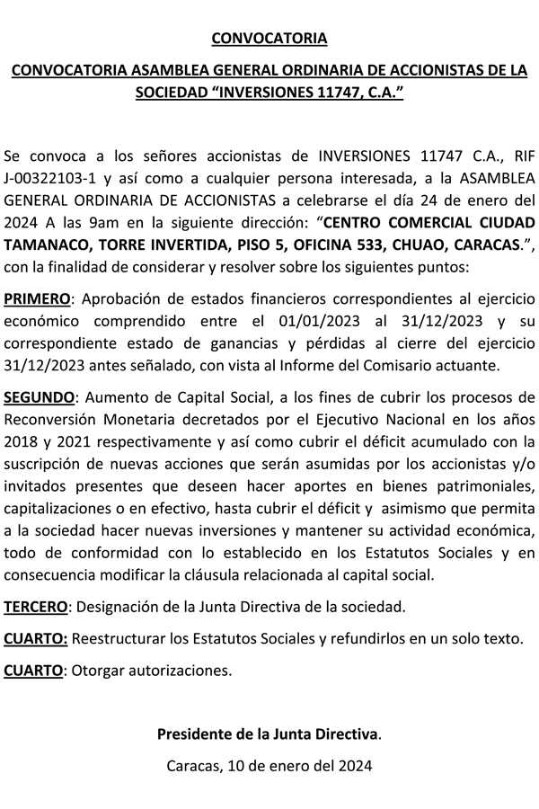 Convocatoria Asamblea Gral. Ordinaria de Accionistas Inv. 11747, C.A.