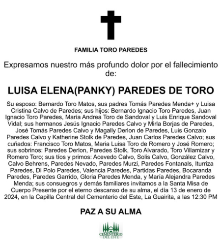 Obituario Luisa Elena (Panky) Paredes De Toro