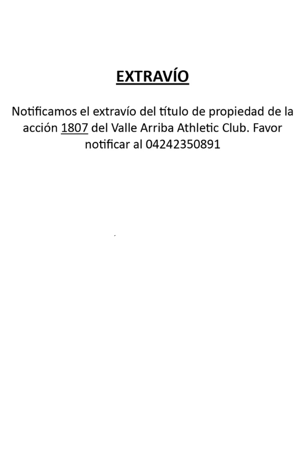 Comunicado Extravío de Acción N°1807 Valle Arriba Athletic Club