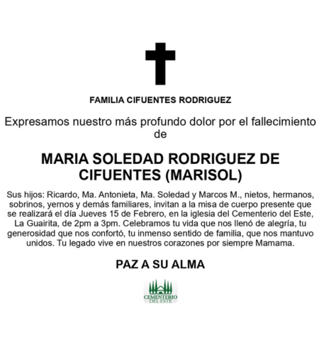Obituario María Soledad Rodríguez De Cifuentes (Marisol)