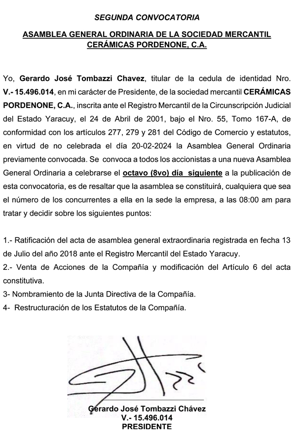 Convocatoria Asamblea General Ordinaria de la Sociedad Mercantil Cerámicas Pordenone, C.A.