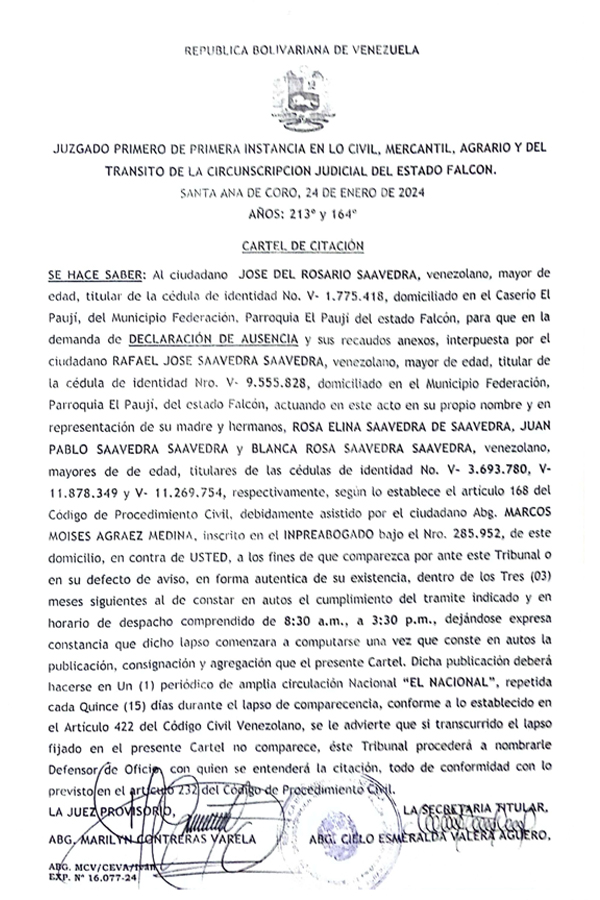 Cartel de Citación José Del Rosario Saavedra