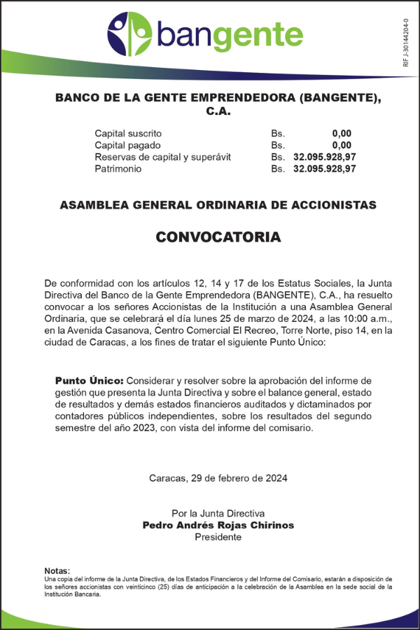 Convocatoria Asamblea Gral. Ordinaria de Accionistas Banco de la Gente Emprendedora (Bangente), C.A.