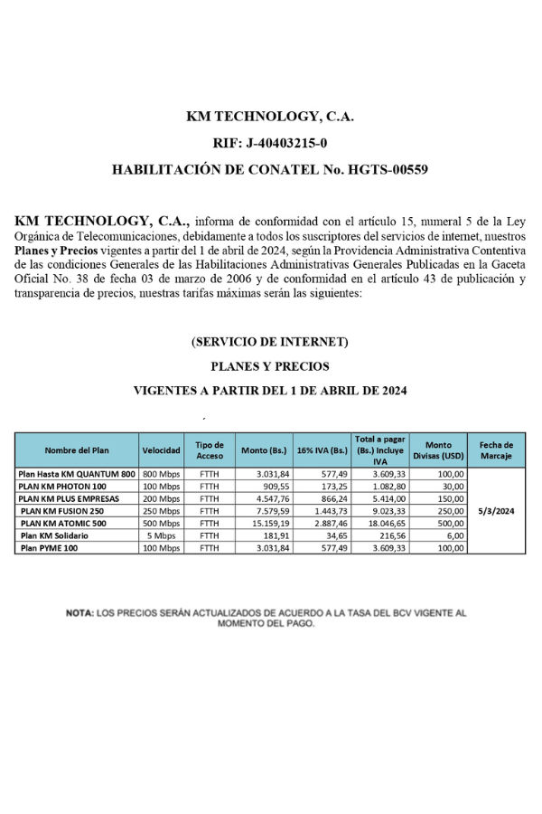 Comunicado KM Technology, C.A. Planes y Servicios Vigentes a Partir del 1 de Abril de 2024