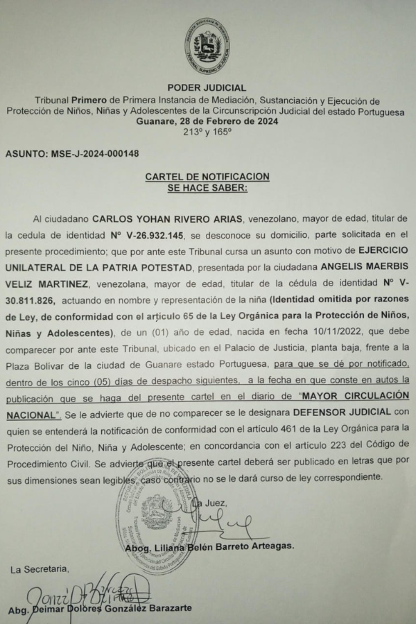 Cartel de Notificación Ejercicio Unilateral de la Patria Potestad Carlos Yohan Rivero Arias