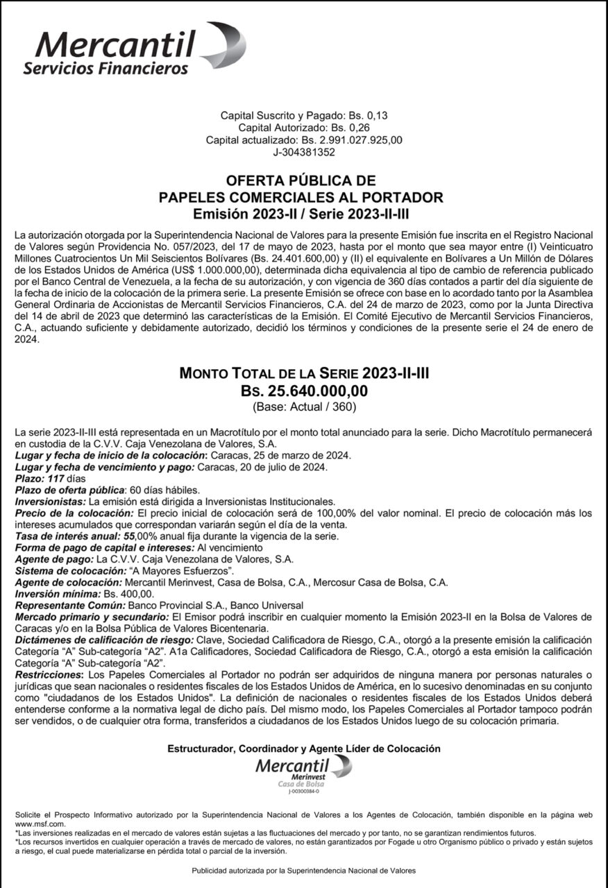 Oferta Pública de Papeles Comerciales Emisión 2023-III Serie 2023-II-III Mercantil Servicios Financieros