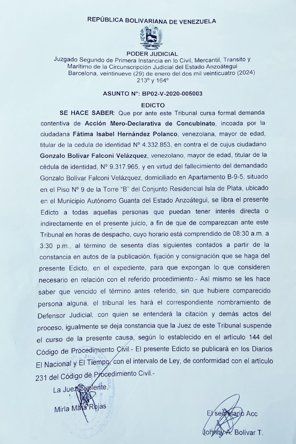 Edicto Acción Mero-Declarativa de Concubinato Fátima Isabel Hernández Polanco