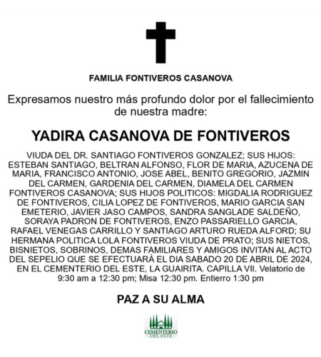 Obituario Yadira Casanova De Fontiveros